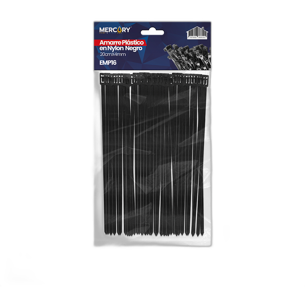 Amarre plástico nylon 4mm x 20cm negro x 100und Mercury